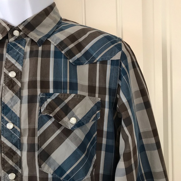 Fossil blue and brown plaid pearl snap shirt - Picture 4 of 7